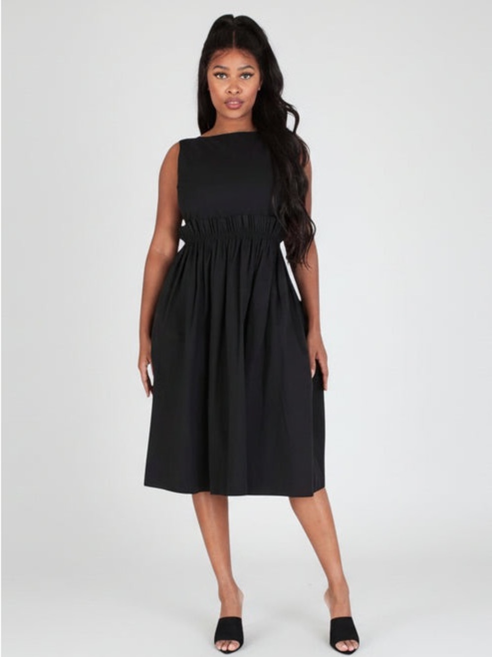 BACK BUTTON UP POCKETS FIT & FLARE SLEEVELESS MIDI DRESS - Picture 2 of 7